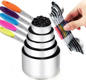 Stainless Steel Measuring Cups and Magnetic Measuring Spoons Set - 6 Double-Sided Measuring Spoons & 1 Leveler (5+7)  Utensils Scale Hanging Kitchen