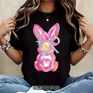 Women Casual Round Neck Short Sleeve T-Shirt White Easter Bunny With Pink Bow And Colorful Swirls Print For Spring Festival And Holiday Wear