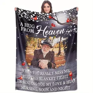 1 Personalized Memorial Photo Blanket Vintage Heaven Theme Design Hugs from Heaven Message Flannel All Season Custom Photo Option Soft Gift for Loved Ones letter pattern