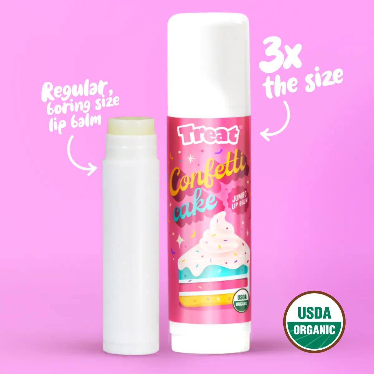 Treat Confetti Cake Jumbo Organic Lip Balm Limited Edition with Virgin Coconut Oil Moisturizer 3X Size for Big Flavor & Moisture