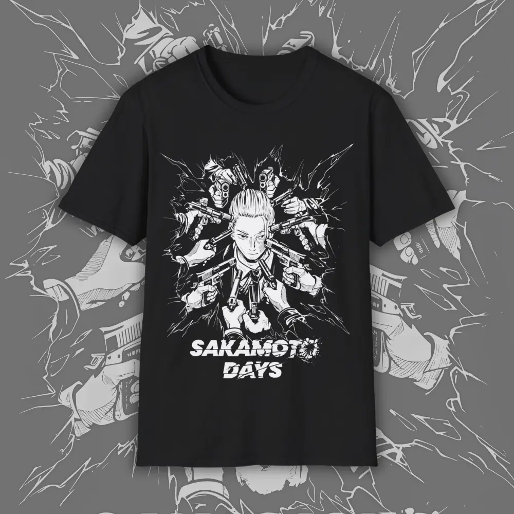 Anime Hitman Graphic Tee - "Sakamoto Days" Manga Aesthetic T-shirt, Guns Action Scene, Black and White Comic Style, Otaku Fashion, Gift for Fans