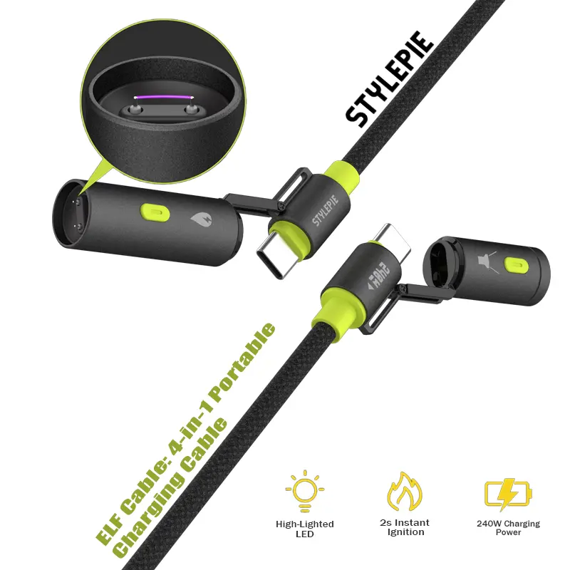 STYLEPIE 1pack-LED Ignition Cable - 240W Ultra-Powerful Super Fast Type C Charging Cable, Nylon Braided with Integrated Ignition+Light for iPhone 15/16, Samsung Smartphones, Travel/Camping Accessory