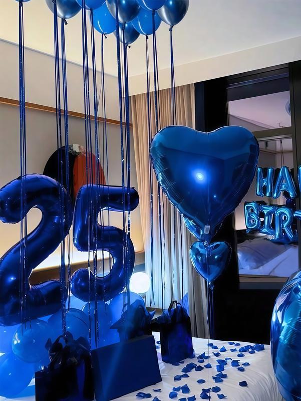 540PCS Blue Happy Birthday Balloon Banner Set – 40" Foil Number Balloons, Blue Heart Balloons & Fake Blue Rose Petals, Blue Theme Birthday Party Decorations for Men & Women