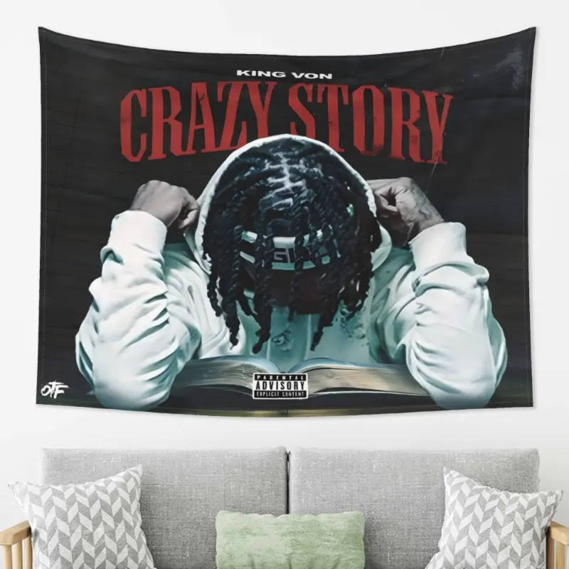King Von Crazy Story Tapestry Poster - Featuring a Striking Portrait of Prince Von in Headwear And Hoodie - Lightweight And Wrinkle-Resistant Wall Decor - Simple to Hang in Dorms Or Bedrooms - Hip-Hop Style Art Design Made from Durable Materials.