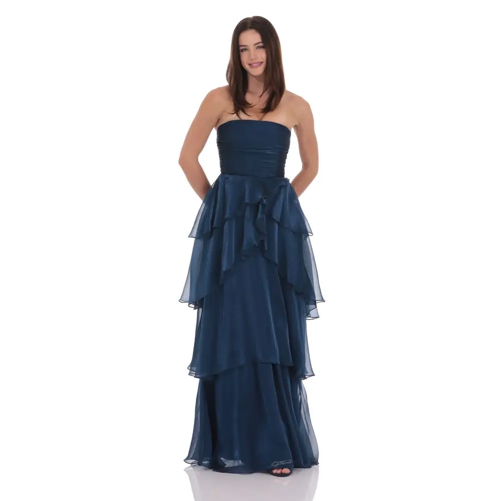 Corset Petal Ruffle Strapless Maxi Dress in Navy