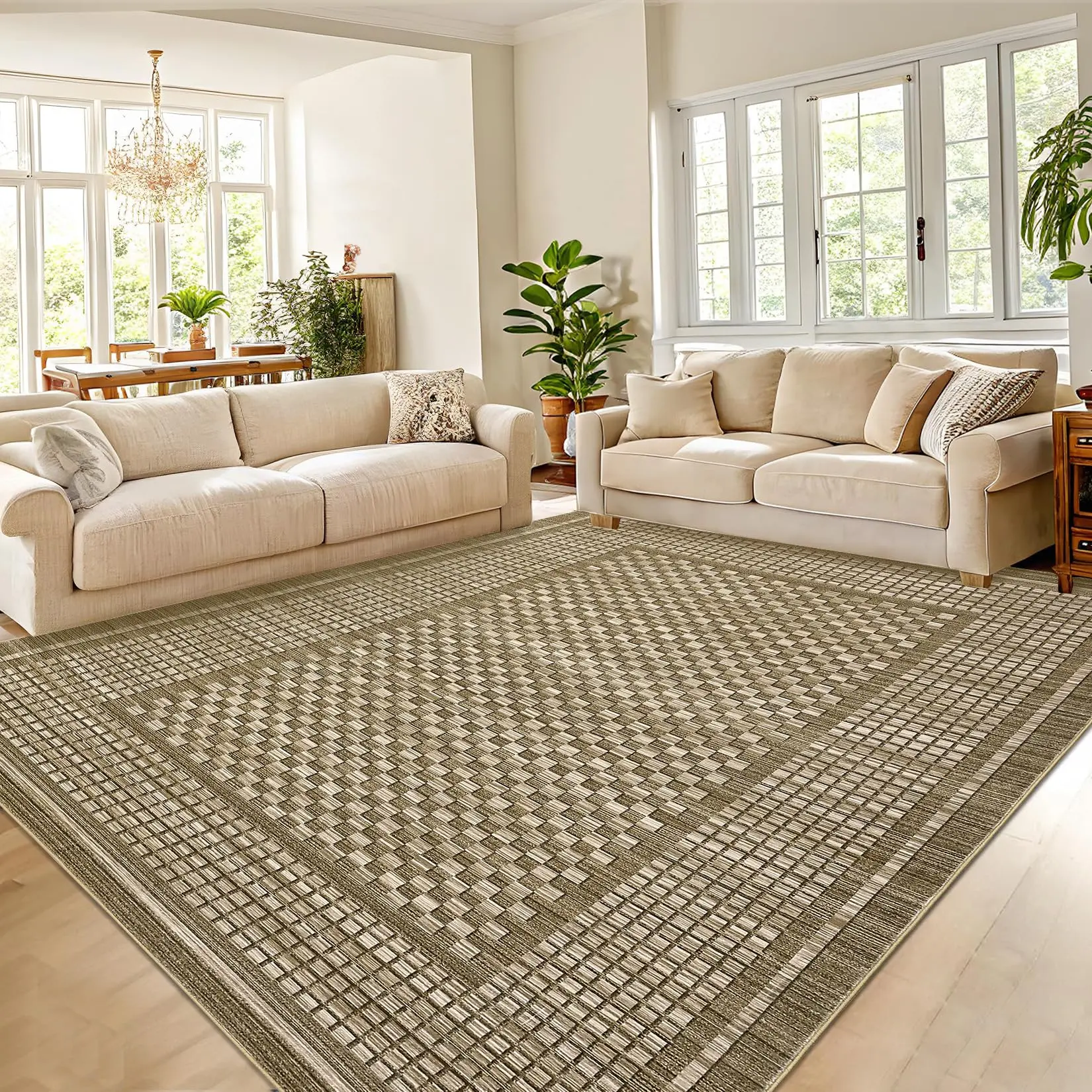Garvee Large Washable Area Rugs 8x10 Bedroom Rug, Modern Checkered Floor Cover Carpet Stain Resistant Non Slip Door Mats, Ultra Soft Low Pile Rug for Living Room, Nursery, Dining Room, Brown