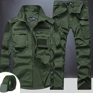 Sets mens outdoor breathable multiple pockets combat long sleeve shirts cargo pants suits male