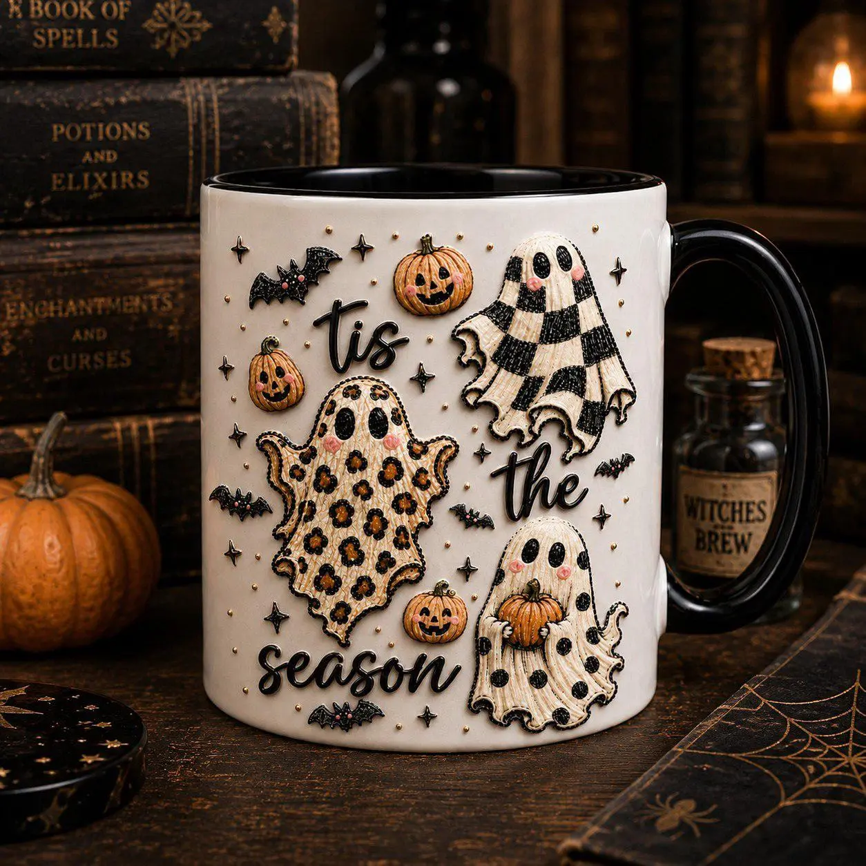 Cute Ghost Halloween Mug with Black Handle, Pumpkin Bat Leopard Checker Spooky Season Coffee Cup, Fall Drinkware Gift for Ghost Lovers