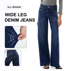 ONESO Mid-Rise High Stretchy BBL Jeans Wide Leg Tummy Control Raw Hem Denim Pants Womenswear Bottom Comfortable Denim Jeans