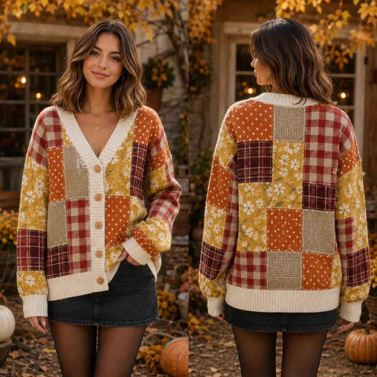 Women’s Fall Patchwork Cardigan Sweater, Oversized V Neck Button Down Knit Cardigan, Cozy Long Sleeve Autumn Sweater, Casual Vintage Style Layering Top