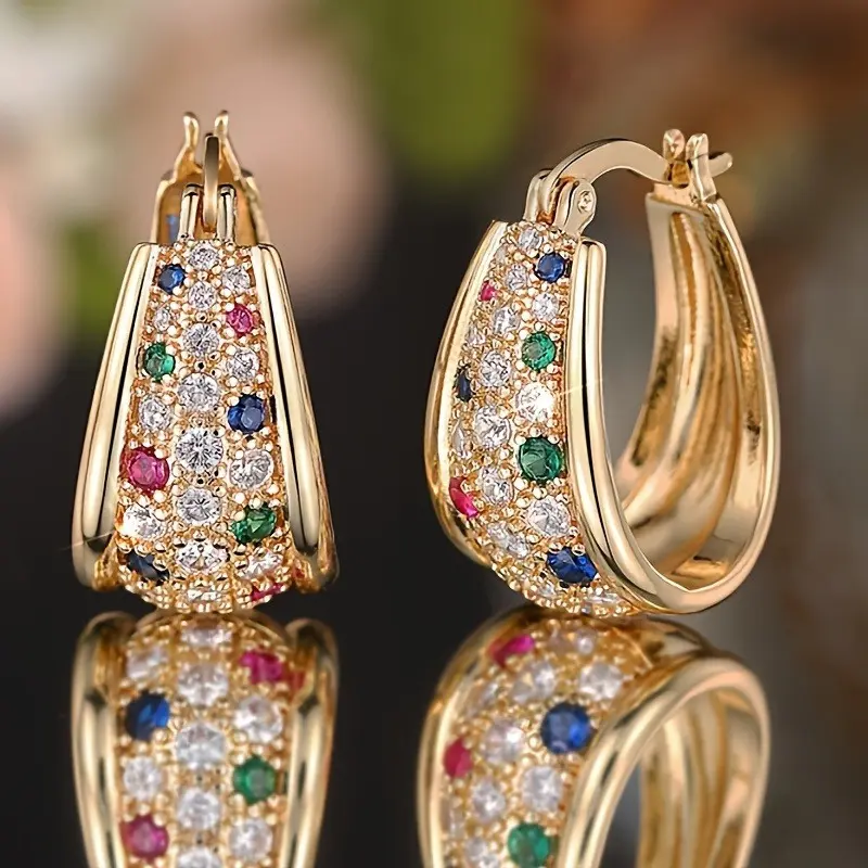 Multicolor Zirconia Golden Hoop Earrings for Women - Ear Hook & Clip-On Statement Earrings - Shiny Elegant Daily & Party Jewelry - High-Quality Fine Gift for Anniversaries