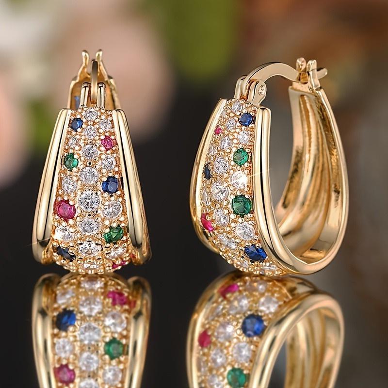 Multicolor Zirconia Golden Hoop Earrings for Women - Ear Hook & Clip-On Statement Earrings - Shiny Elegant Daily & Party Jewelry - High-Quality Fine Gift for Anniversaries