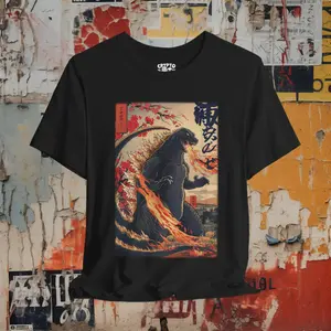Vintage Woodblock Print Godzilla Kaiju Graphic T Shirt Mens Crew Neck Short Sleeve Casual Cotton Top Retro Japanese Horror Monster Art Apparel Adult Daily Streetwear Outdoor Holiday Birthday Gift For Classic Monster Movie Enthusiasts