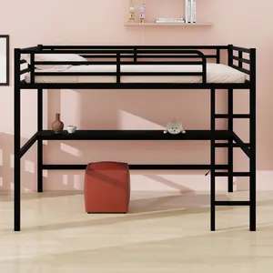 Black Queen Loft Bed with Built-in Power Outlet & LED Lights | Noise Reduced & Space-Savin