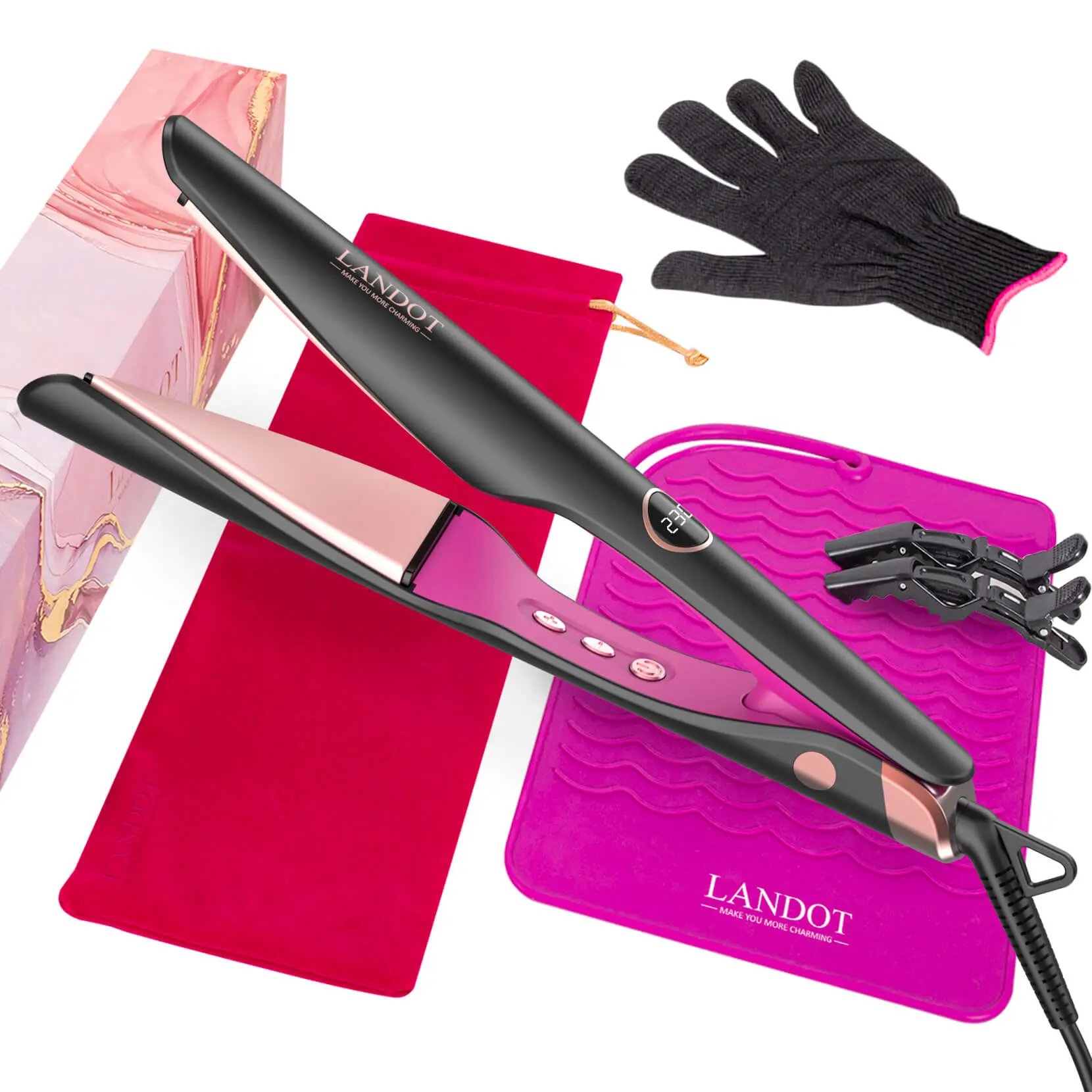 LANDOT Hair Straightener and Curler 2 in 1, Twist Flat Curling Iron for Smooth Straight & Bouncy Curls, Titanium Ceramic Ionic Dual Voltage Straightener with Heat-Resistant Silicone Mat, Anti-Frizz, 12 Temps 250-450°F for All Hair Types