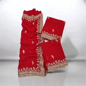 Viscos Georgette Saree with Picco Falls Perfect for Any Occasion Red with Gold Embroidery