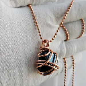 2.4mm Ball Chain Black Onyx Crystal Pendant Necklaces 24 Inches, Thick 14 Gauge Copper Wire Wrapped Jewelry, - Strength, Protection, Resilience [Made-to-Order]