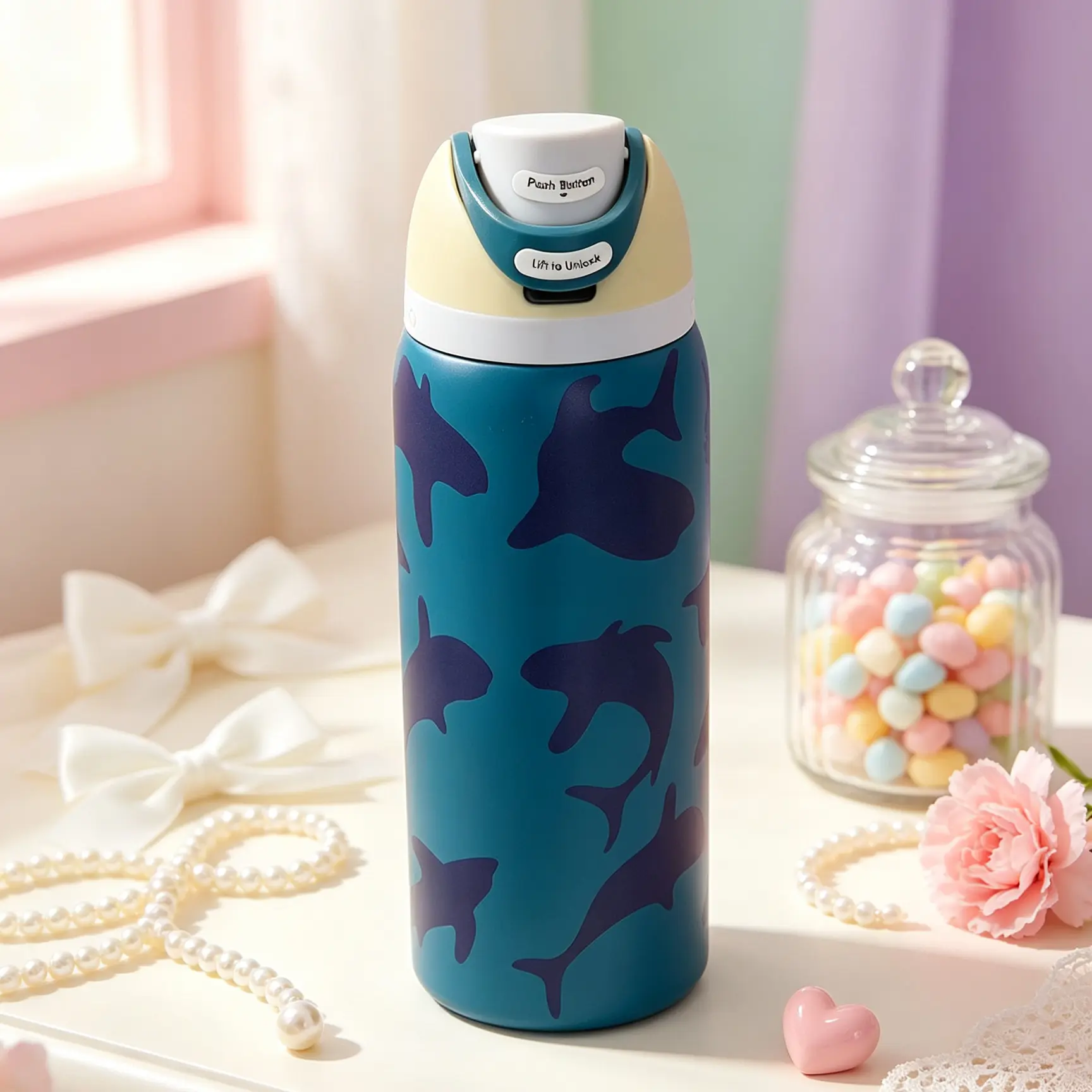 Ocean Shark Print Owala FreeSip 32 oz Insulated Tumbler, Lift To Lock Dual Sip Flip Lid Leakproof Sports Water Bottle, Cute Beach Gift for Kids