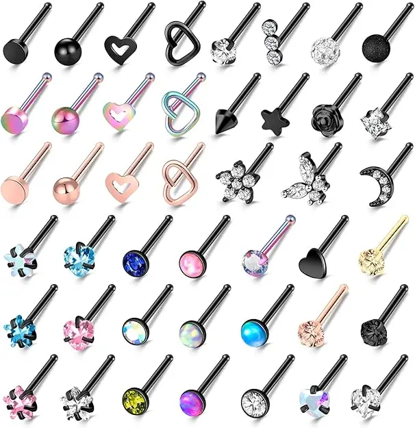 44 Pcs 18G 20G Nose Rings Studs Nose Rings for Women Nose Piercings Jewelry Surgical Stainless Steel Nose Studs Moon Star Heart Butterfly Hypoallergenic Body Piercing Jewelry for Women Men