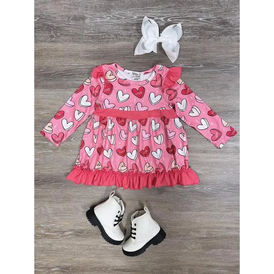 Love You Cute Candy Hearts Pink & Red Ruffle Girls or Toddler Valentine's Day Dress