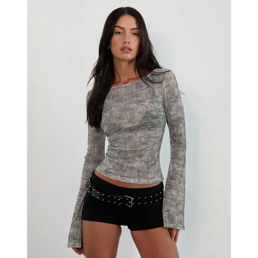 Sheiza Long Sleeve Top in Sheer Mesh Grey