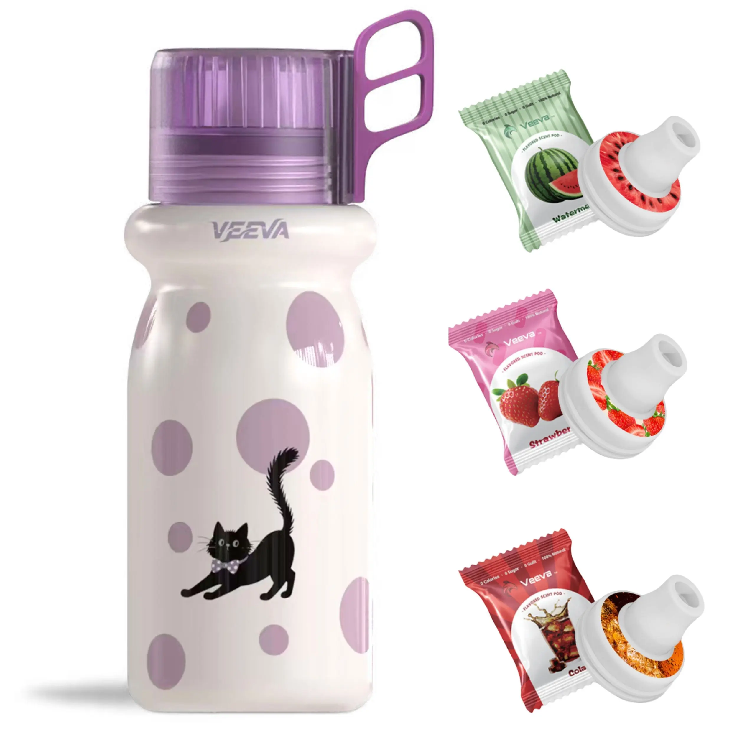 VEEVA® 16oz Dotty Cat Scented Thermos Bottle with 3 Aroma Pods Watermelon Cola Strawberry Flavors BPA-Free Leak-Proof Dishwasher Safe for School Sports Gym Travel