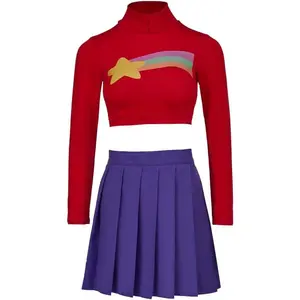 Women's Mabel Pines Cosplay Costume Shooting Star Rainbow Red Crop Top Mini Skirt Set for Girls