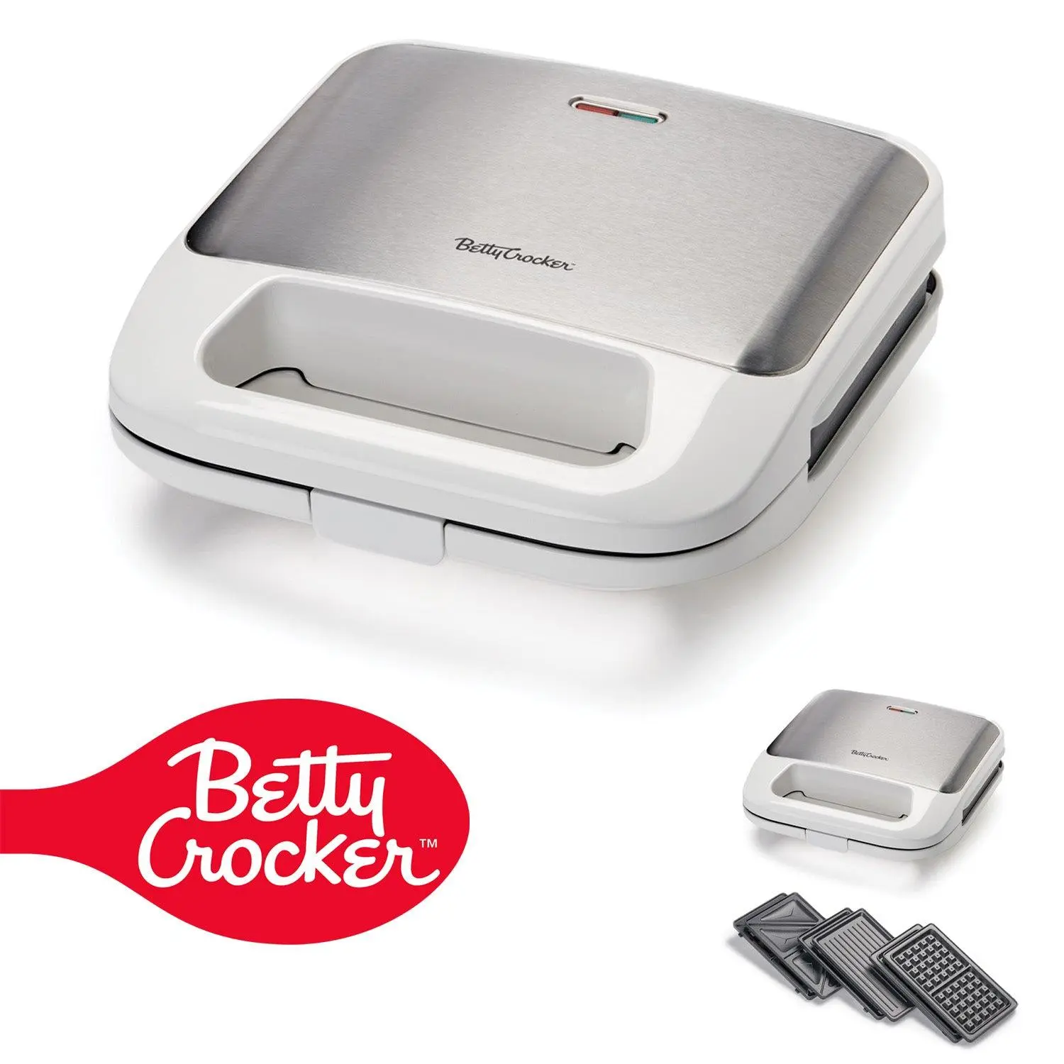 Betty Crocker 3-in-1 Indoor Grill, Sandwich / Panini Press & Waffle Maker Plus, Electric Grill Indoor with Interchangeable Non-Stick Plates, 750 Watts, BC-4965W, White