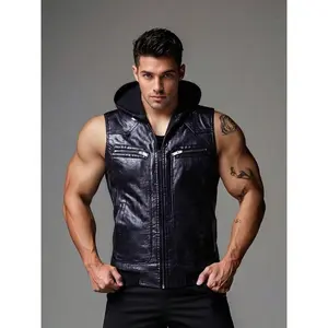 Men's Solid Color Zipper Hooded Vest Jacket, Regular Fit Casual Fashion PU Leather Sleeveless Outerwear for Daily Wear, Men's Clothes for All Seasons, Tops(Sheets)
