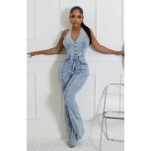 Chic Fashion Semi- Stretch Denim Halter V-Neck Open Back Front Button Zipper Jumpsuit