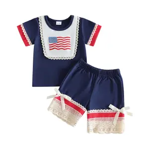 Afunbaby Little Girls Independence Day Outfits Adorable American Flag Embroidery Short Sleeve Round Neck Tops and Shorts Set