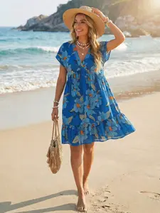 Women's Casual Boho Floral Print Ruffle Hem Vacation Dress, Summer Holiday, Comfortable and Stylish, Chic, Perfect for Beach and Travel