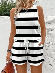 Summer New Women's Sleeveless Tank Top, Casual Chic Fashion Sport Pocket Shorts Set, Sexy Slim-Fitting Pajama Set, Striped Pattern, Womenswear, Fitted