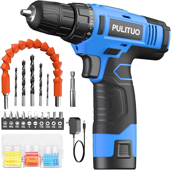 PULITUO 12V/20V Cordless Drill Set - Rechargeable Wireless Lithium-Ion Power Drill Drivers, Kit with Battery, Charger, 3/8-Inch Keyless Chuck, Built-in LED, 21+1 Torque Setting, Rechargeable Drill