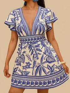 Women's Full Print Floral Deep V Neck Short Sleeve Summer Bohemian Boho Dress, Casual Fashion, Perfect for Daily Wear, Stylish and Comfortable