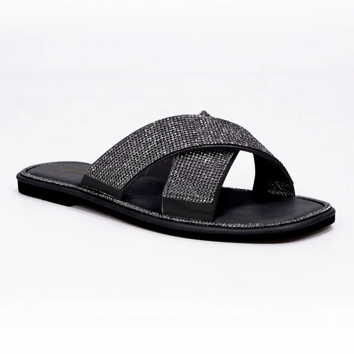 Mia - Wide Fit Elegant Black Cross-Strap Sandals with Rhinestone Upper and Comfortable Sole for Everyday Wear