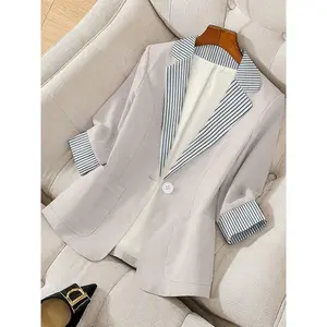 Women's Striped Print Button Blazer, Casual Longsleeves Fitted Outerwear for Work Office Business, Ladies Spring & Fall Clothes, Womenswear