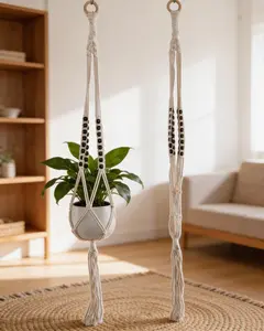 39" Macramé Plant Hanger with Wooden Beads – Cream