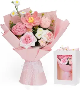 Pink Crochet Flower Bouquet, Knitted Tulip Flowers Bouquet for Girlfriend Mom Wife Friend,Crochet for Valentine's Day,Mother's Day,Birthday,Includes Gift Bag,Greeting Card