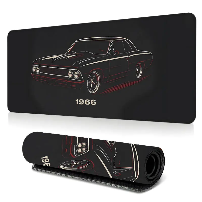 Classic black muscle car large-sized gaming mouse pad, vintage automotive design desktop protection pad, anti-slip rubber lock edge high-definition printing, suitable for computers, laptops, offices, homes, schools, as a gift for family and friends.