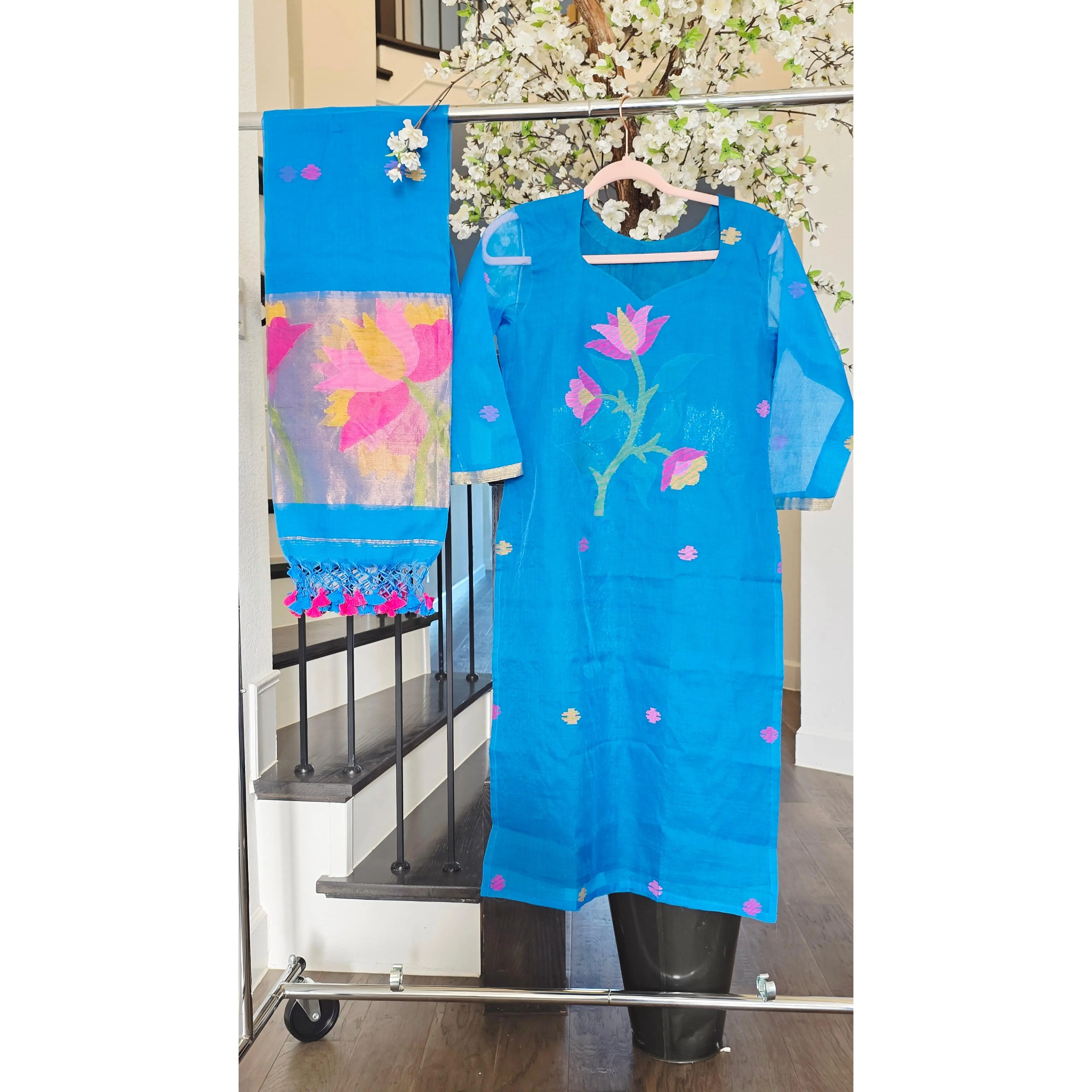 Reyavogue Women's Blue Muslin Jamdani Top with Dupatta