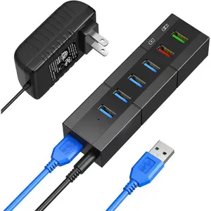 Powered USB 3.0 Hub, 6 Ports High Speed USB 3.0 Hub Splitter with 24W Power Adapter, 3.3ft Cable and Smart Fast Charger USB Hub For Laptop, PC, Mac, Mobile HDD, Multiple Devices (Black)