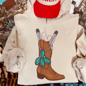 Hairstylist Cosmetologist Boot Hoodie, western clothing, crewneck western outfits women’s clothes, western cowgirl stuff, western tops graphic t-shirts, country western tops, sweatshirts for women, western graphic tee women country clothing