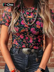 Summer Fashion Rose Vintage Floral Print Mesh Round Neck Short Sleeve Fitted Top, Women's Casual Stylish Feminine Chic Lightweight Blouse, Perfect for Daily Wear, Womenswear