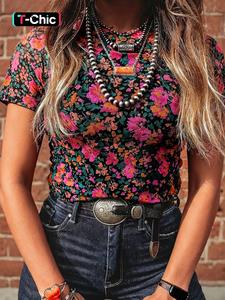 Summer Fashion Rose Vintage Floral Print Mesh Round Neck Short Sleeve Top, Women's Casual Stylish Blouse, Perfect for Daily Wear