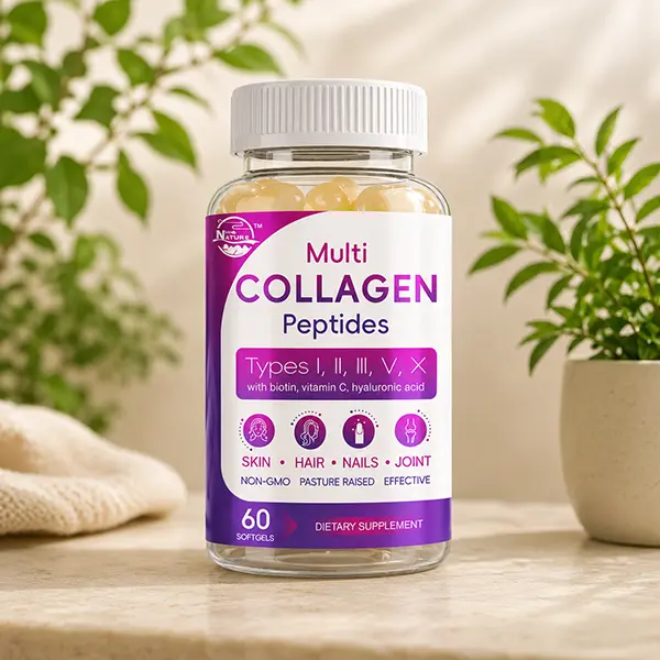 Multi Collagen Peptides Softgels, Hydrolyzed Collagen Types I, II, III, V & X with Biotin, Vitamin C & Hyaluronic Acid, Grass-Fed Formula, Supports Healthy Skin, Hair, Nails, Joints & Bone Health, Non-GMO, 60 Softgels