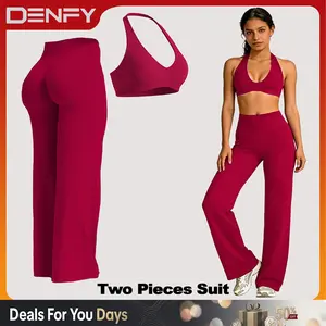 DENFY Two-Pieces Suit Softmotion Minimal Halter Neck Bra&SoftMotion Straight Leg Bottoms Yoga Pants Stretchy Gym Outfits for Fitness Outdoor Daily Wear