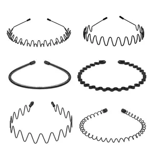 6PCS Metal Hair Bands, Spring Wavy Hoop Unisex Black Headband Slicked Back Non Slip Sports Hairband for Women Men-