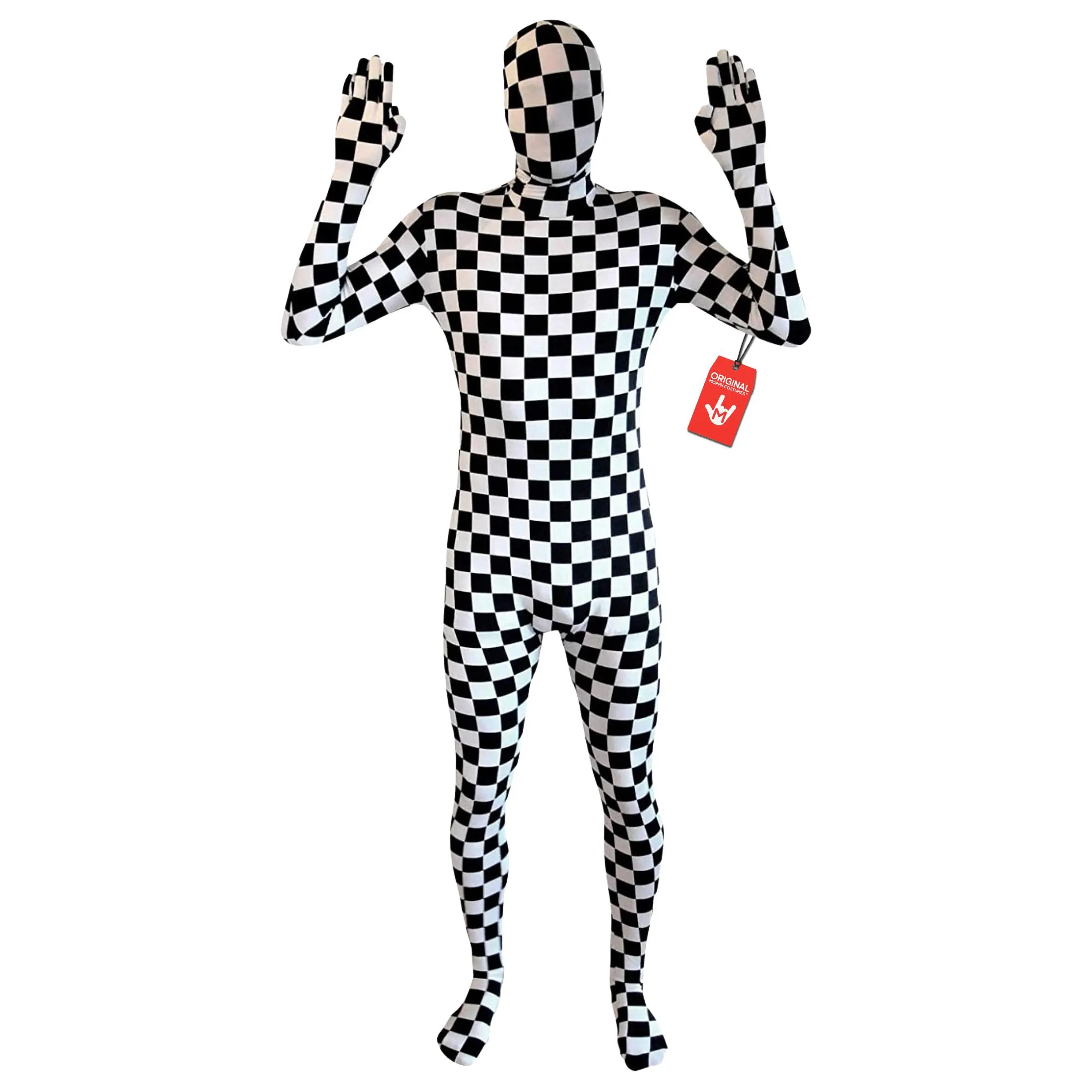 Men's Black-and-White Checkered Polyester Stretch Fabric Morphsuit - Elastic Mesh Bodysuit, Festive Halloween Costume for Prom, Outdoor Events