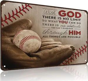 Baseball Gifts With God There's No Limit Quotes Inspirational Tin Sign for Boys Room Man Cave Bedroom Living Room Decor 8 x 12 Inches
